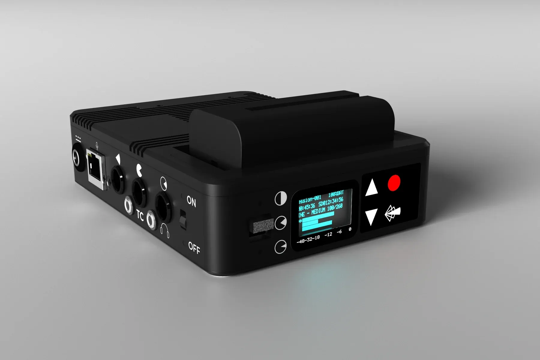 Render of the Konos 2 control box with a battery clipped into the top, the OLED lit, and the connector face, membrane keypad and record controls visible.